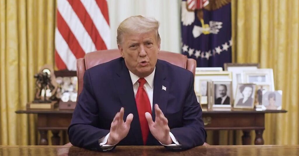 Donald Trump speaking about international security and military strategy during a political event in 2026