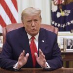 Donald Trump speaking about international security and military strategy during a political event in 2026