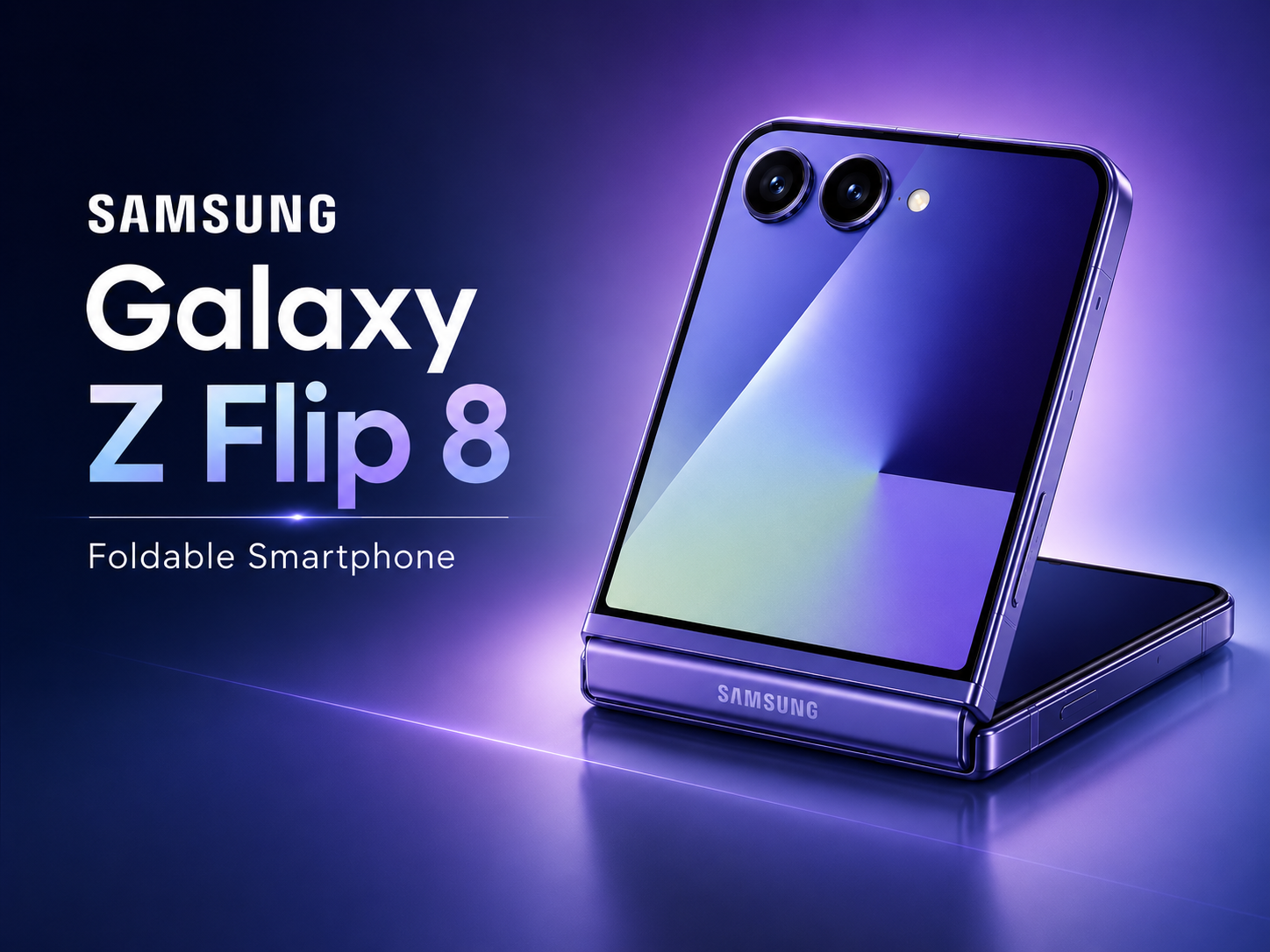 Samsung Galaxy Z Flip 8 foldable smartphone showcasing its premium design, larger cover display, AI-powered features, and dual rear cameras.