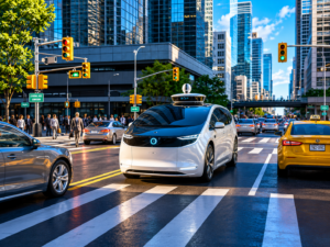 A modern self-driving car using advanced artificial intelligence to make faster and safer driving decisions on a city road.