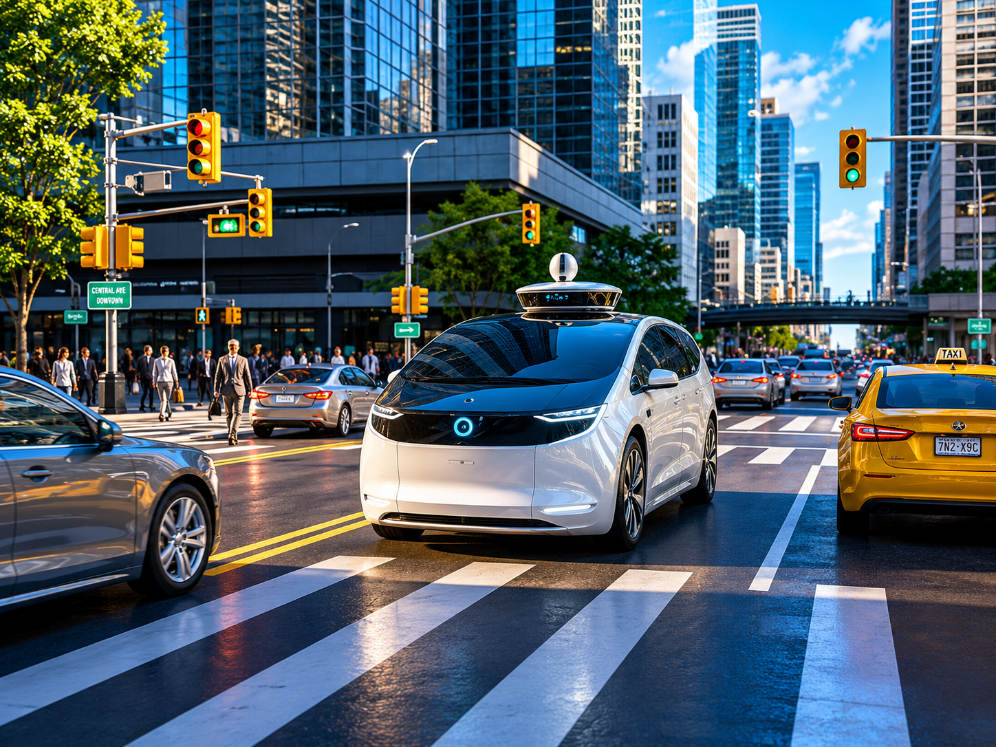 A modern self-driving car using advanced artificial intelligence to make faster and safer driving decisions on a city road.